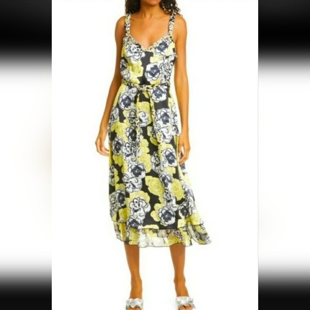 DYVNA Chacha 100% Silk Floral Braided Strap Silk Midi Dress Yellow Black Size 14